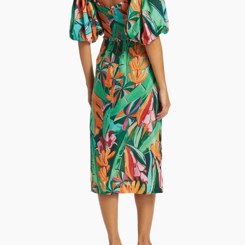 FARM Rio Green Tropical Print Midi Dress with Orange & Pink Accents - Picture 6 of 13